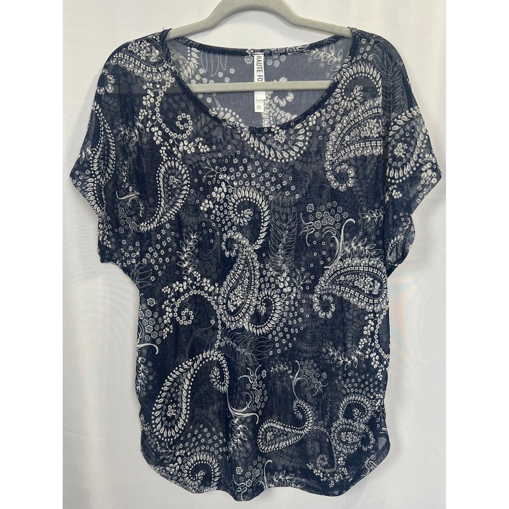 Haute Fox Womens 2XL Navy Blue Paisley Sheer Short Sleeve Boho Blouse Top
